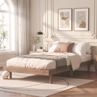 Sunvega Modern Floating Platform Bed Frame in Walnut with Sturdy Wood Construction