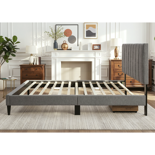 Sunvega Queen Upholstered Pleated Bed in a Box with Sturdy Dark Brown Frame