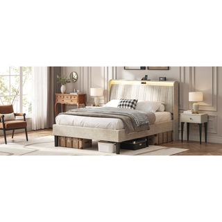 Sunvega Full Size Upholstered Platform Bed Frame with Headboard and USB Charging