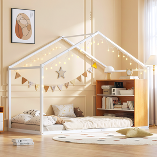 Sunvega Twin Size Black Metal House Bed Frame with Shelves and LED Lights