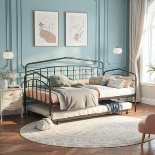Sunvega Elegant Black Iron Twin Daybed with Trundle and Metal Slats