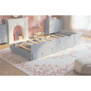Sunvega Twin Size Pine Wood Bed with Headboard, Footboard, Trundle, and Three Storage Drawers