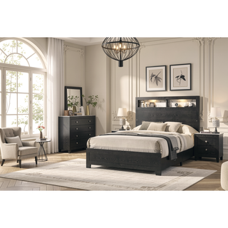 Sunvega Contemporary King Size Panel Bed Headboard with LED Sleek Sloping Design Black Finish