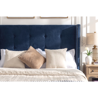 Sunvega Blue Velvet King Bed with Nailhead Trim Wingback and Buttoned Tufting