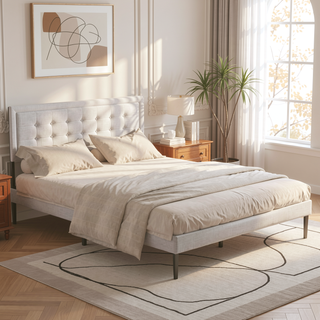 Sunvega Upholstered Queen Platform Bed Frame with Tufted Headboard and Wooden Slats