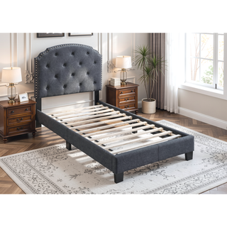 Sunvega Queen Size Charcoal Burlap Button Tufted Headboard Bed with Nailhead Trim