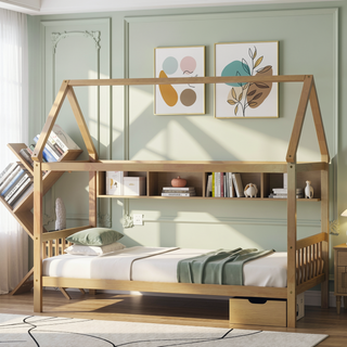 Sunvega Twin Rubber Wood House Bed with Headboard and Footboard in Light Grey