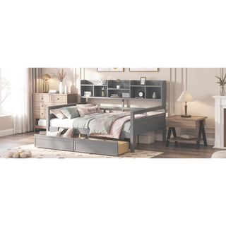 Sunvega Twin Size Daybed with Wood Slat Support, Bedside Shelf, and Two Drawers