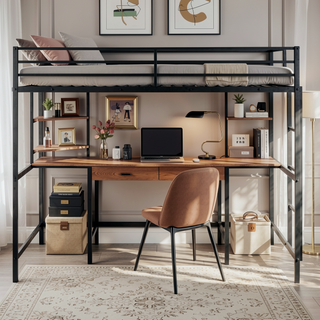 Sunvega Twin Metal Loft Bed with Desk and Shelf in Clean Painted Finish