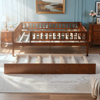 Sunvega Natural Twin Size Wood Daybed with Trundle and Fence Guardrails