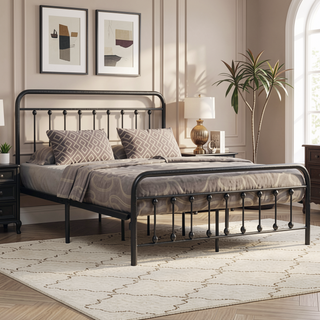 Sunvega Victorian Style Queen Size Metal Platform Bed Frame with Headboard and Under Bed Storage