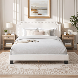 Sunvega Upholstered Platform Bed with Padded Headboard and Nailhead Trim Accents