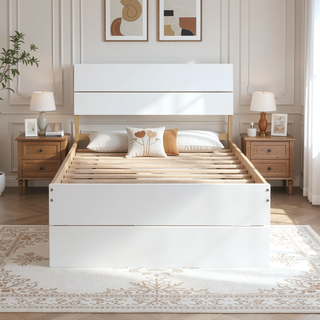 Sunvega Modern White High Gloss Twin Bed Frame with Light Oak Trundle for Space Saving