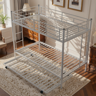Sunvega Twin over Twin Bunk Bed with Trundle in White for Small Spaces