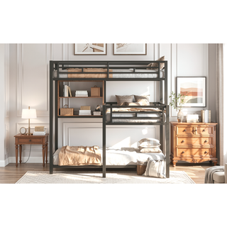 Sunvega Sturdy Metal Triple Twin Size L-Shaped Bunk Bed with Ladder