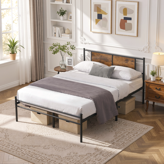 Sunvega Twin Size Metal Bed Frame with Wood Panel Headboard and Under Storage