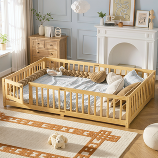 Sunvega Twin Size Floor Bed with Safety Guardrails and Door for Kids in Natural