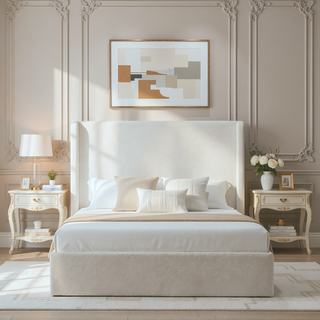 Sunvega Minimalist Upholstered Wingback Bed Frame with 54 Inch Headboard in Textured Ivory Canvas Chenille