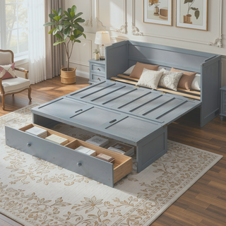 Sunvega Espresso Full Size Murphy Bed with USB Port and Large Drawer for Space Saving