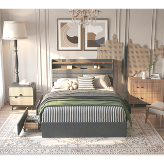 Sunvega Queen Upholstered Bed Frame with Headboard LED Lights Charging Station and 4 Storage Drawers