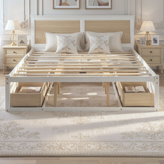 Sunvega Antique Natural Queen Size Platform Bed with 6 Spacious Storage Drawers