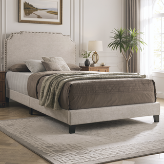 Sunvega Copper Beige Upholstered Eastern King Panel Bed with Classic Headboard and Footboard