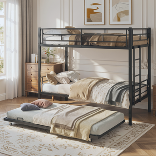Sunvega Sturdy Metal Twin over Twin Bunk Bed with Safety Guardrail and Noise Reduced