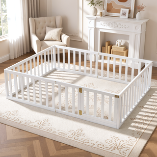 Sunvega Twin Size Wood Floor Bed Frame with Fence and Door in Walnut Finish