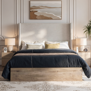 Sunvega Upholstered Wingback Bed with 54 Inch High Headboard in Textured Ivory Canvas Chenille