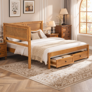 Sunvega Sturdy Wood Platform Bed Frame with Headboard for Queen Size Oak Finish