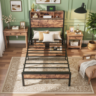 Sunvega Twin Size Bed Frame with Storage Headboard, Charging Station, and Bookcase