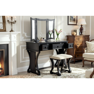 Sunvega Black Modern Bedroom Vanity Set with Stool Foldable Mirror and Drawers