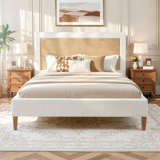 Sunvega Antique White Polyester Upholstered Cane-Back Platform Bed with Birch Frame