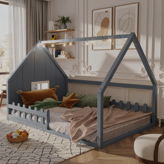 Sunvega Full Size Wood House Bed with Fence Window and LED Lights