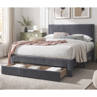 Sunvega Modern Charcoal Corduroy Upholstered Full Size Bed with Storage Drawer