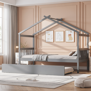 Sunvega Twin Size Wooden House Bed with Trundle and Headboard for Kids Room