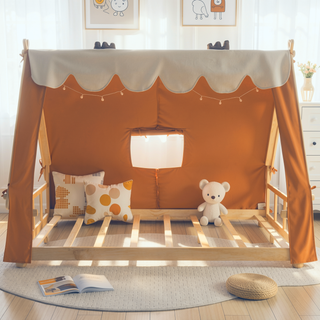 Sunvega Full Size Brown House Bed with Detachable Tent and Skylight for Kids