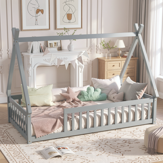 Sunvega Twin Tent Teepee Bed with Guardrails Slats and Door in Grey