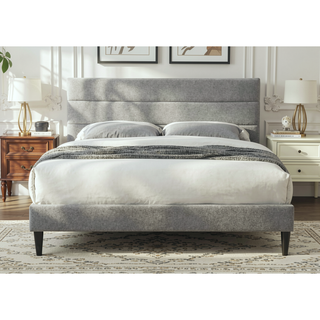 Sunvega Queen Upholstered Pleated Bed in a Box with Sturdy Dark Brown Frame