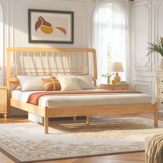 Sunvega Mid-Century Modern Solid Pine Wood Queen Spindle Bed with Slat-Back Design