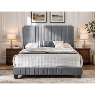 Sunvega King Size Bed with Chic Gray Upholstery for Bedroom Relaxation