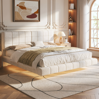 Sunvega King Boucle Floating Bed with Lights and Anti-Collision Corners