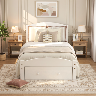 Sunvega Twin Bed Frame with Storage Drawer and Wood Slat Support No Box Spring Needed
