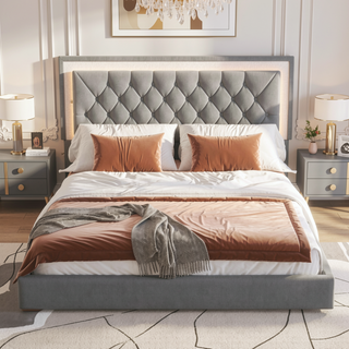 Sunvega Queen Size Upholstered Velvet Bed Frame with LED Lights and Tufted Headboard