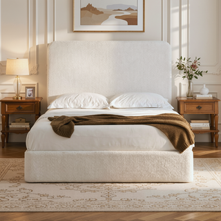 Sunvega Pearl White Chenille Upholstered King Bed with 52 Inch Tall Headboard