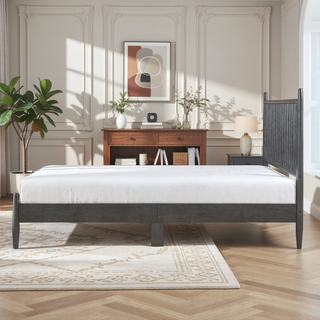 Sunvega Mid-Century Modern Design Full Platform Bed with Vertical Slats Headboard