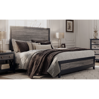 Sunvega Two-Tone Dark Gray and Black Queen Size Bed with Wood Inlay