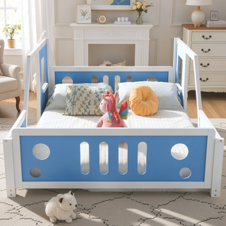 Sunvega Twin Size Blue Classic Car-Shaped Platform Bed with Wheels