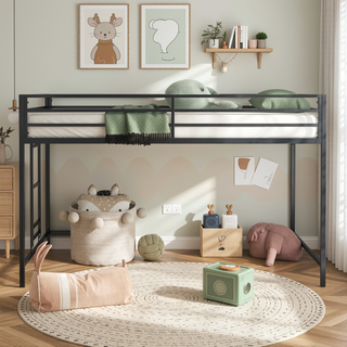 Sunvega Sturdy Metal Loft Bed Frame with Guardrails and Ladder for Kids Bedroom