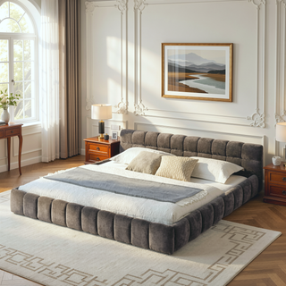 Sunvega Grounded California King Upholstered Bed Frame with Soft Chenille Fabric Headboard